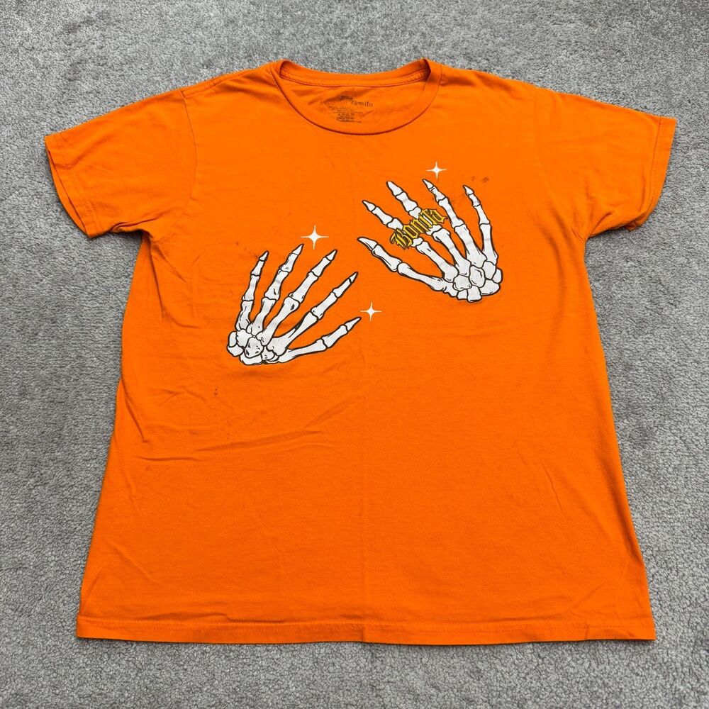 Viva La Bonita Skeleton Hands Graphic T-Shirt Medium Orange Cotton Casual Tee